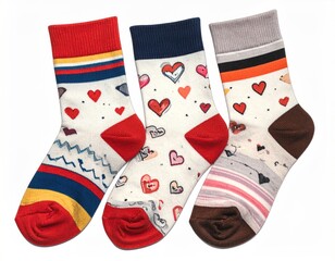 Three patterned socks sit side-by-side red & blue, navy & red hearts, and gray & brown. Each pair features unique designs against a white backdrop