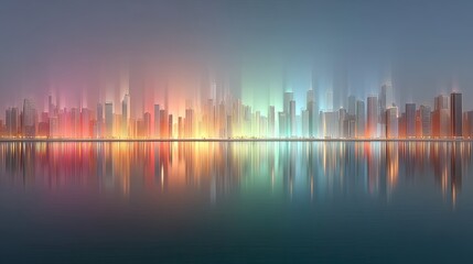 Colorful Cityscape Panorama with Modern Skyscrapers Reflecting on Calm Water Under Gradient Sky with Orange Teal and Red Hues