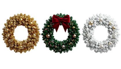 Elegant Christmas Wreath Bundle Featuring Three Creative Styles, isolated on transparent background