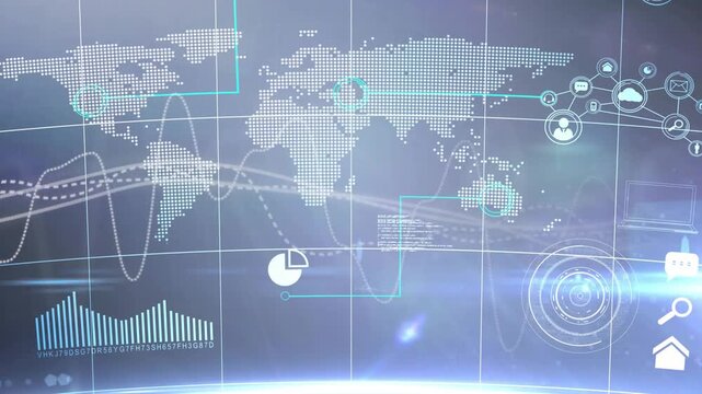 Map fading starting waveforms sweeping code scrolling Australia glowing icons rotating showing data