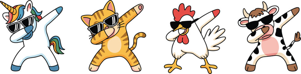 Funny cartoon animals dabbing, cool unicorn, stylish cat, dancing chicken, happy cow, mascot character illustration, vector design artwork, cad drawing flat vector illustration