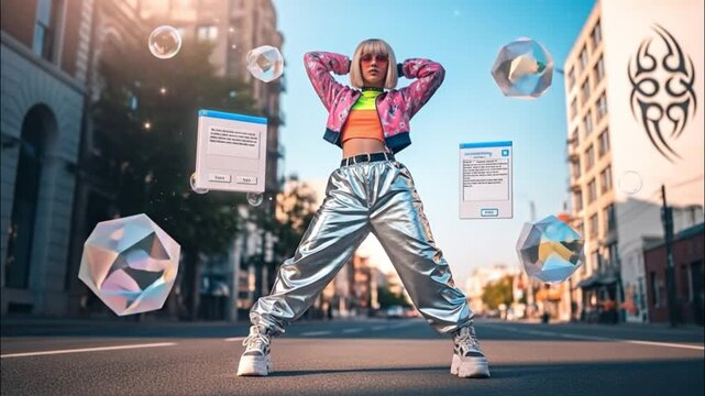 Vibrant Urban XR: Blonde Model in Striking Y2K Streetwear Surrounded by Augmented Reality Windows and Iridescent Objects y2k 