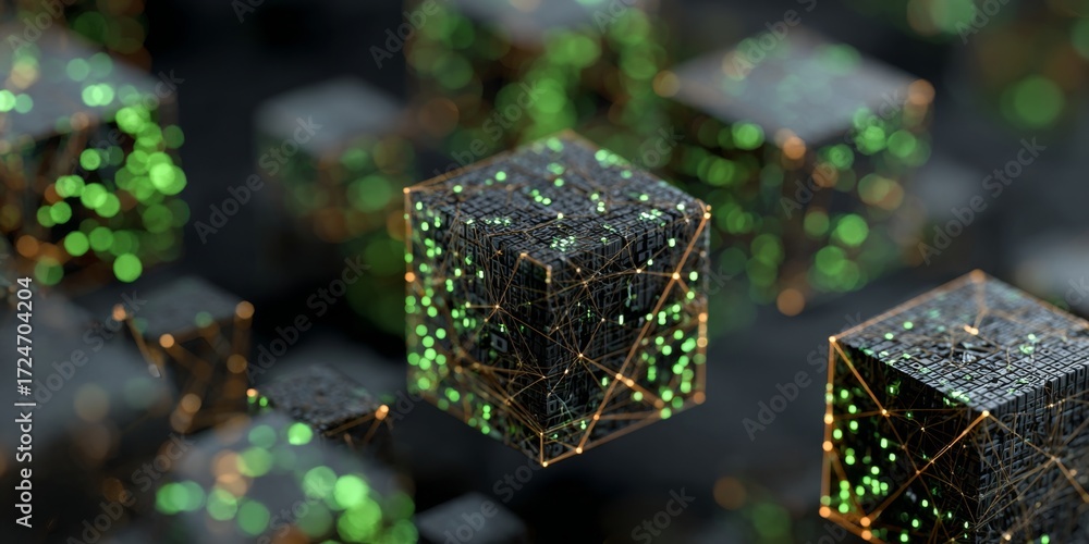 Wall mural futuristic digital cubes with binary code and neural network connections on a dark background
