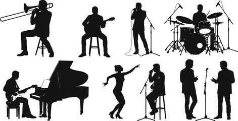 Musician silhouette vector set, band performance icons, singer, guitarist, pianist, drummer, dancer illustration, concert, stage, microphone, music, entertainment