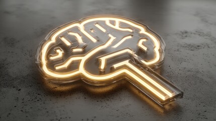 A glowing, transparent brain design with neon lighting rests on a textured surface.