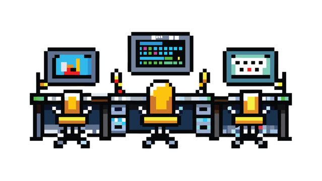 Futuristic Control Room 8-Bit Pixel Art Background. Retro Cyberpunk Sci-Fi Vibe