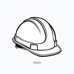 Illustration of a white construction hard hat with black outlines.
