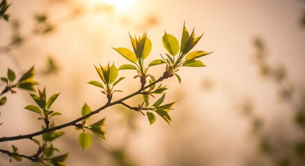 High-resolution nature photograph of spring branch with vibrant young green leaves, warm pastel sky