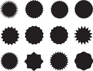 starburst, circle, shape, design element, graphic, icon, badge, label, burst, jagged, wavy, serrated, scalloped, decorative, abstract, geometric, black, silhouette, isolated, white background, set, co