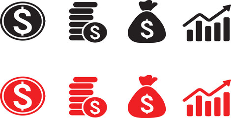 finance, money, coin, dollar, bag, growth, chart, graph, icon, symbol, business, economy, investment, savings, black, red, white, background, illustration, design, concept, wealth, currency, profit, s