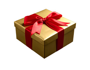 Obraz premium Firefly_Elegant Golden Gift Box with Red Ribbon on Black Background Rendering_