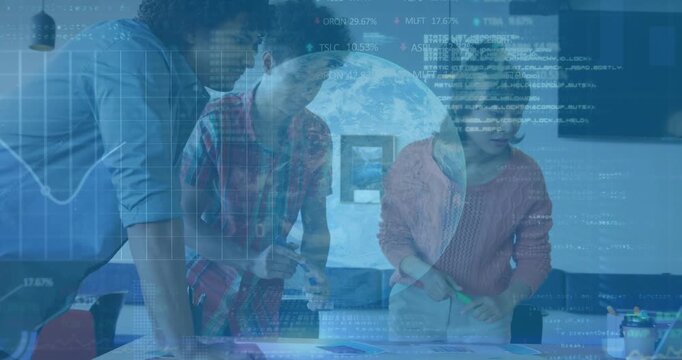 Picking blue marker, team sketching diagram arranging notes for analytics with digital globe and cha