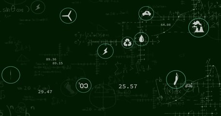 On scene loading, data icons and values drifting outward on chalkboard showing energy distribution - Powered by Adobe
