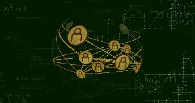 golden wireframe sphere appearing on chalkboard rotating and pulsing user icons visualizing network