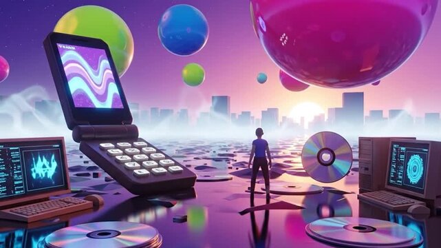 Retro-Digital Odyssey: Exploring a Dreamlike Landscape of Oversized Tech, CDs, and Floating Spheres y2k 