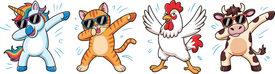 Cute cartoon animals, funny unicorn, cool cat, dancing chicken, happy cow, character mascot design, vector illustration, cad drawing flat vector illustration