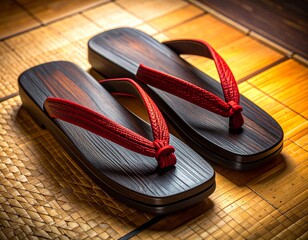 Japanese geta sandals resting on tatami mat floor in traditional home showcasing craftsmanship and cultural elegance.