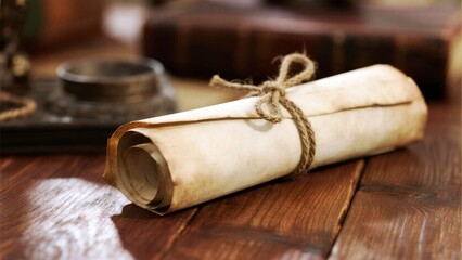 Unrolling a vintage parchment scroll tied with rustic twine on a warm wooden desk, evoking history, knowledge, and timeless wisdom ready for discovery