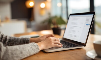 Professional marketing specialist typing an email on laptop, email template on screen with subject line and preview text,