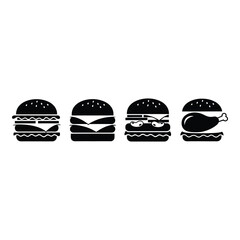Diverse hamburger icons featuring different toppings and styles in silhouette