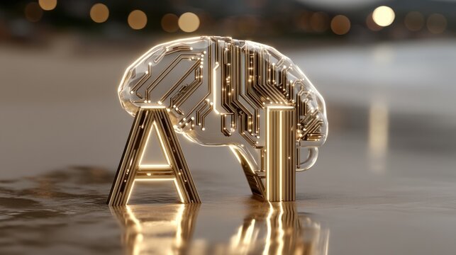 A golden, glowing AI brain graphic sits on a reflective surface, showcasing the future of technological intelligence.