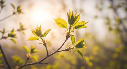 High-resolution nature photograph of spring branch with vibrant young green leaves, warm pastel sky, soft sunlight, dreamy bokeh background