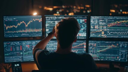 A man viewed from behind sitting at a glowing control center filled with futuristic monitors, symbolizing digital technology, cyber security, and information systems - Powered by Adobe