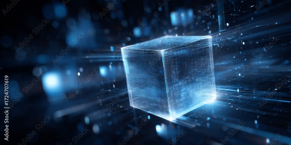 Wall mural abstract blue digital technology background with cube and binary elements for innovation and data co