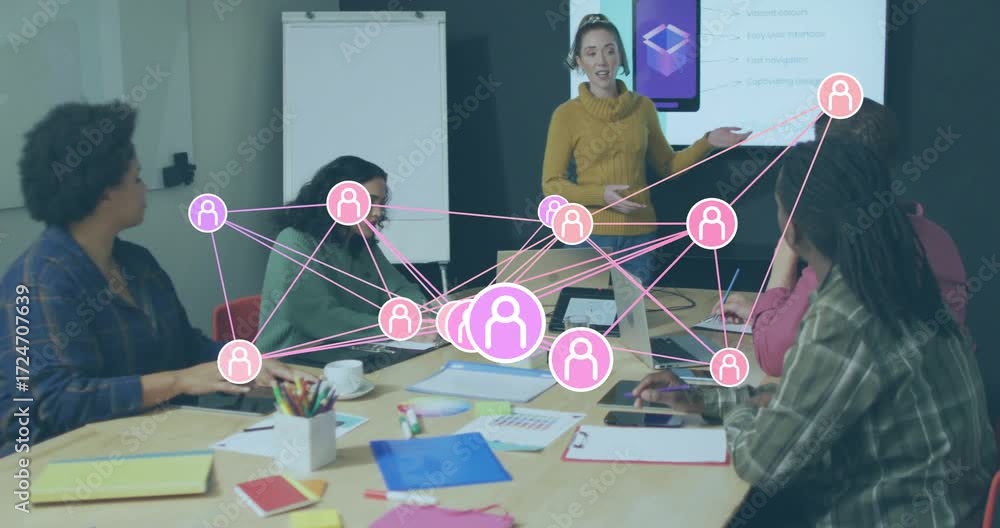 Aufkleber presenter gesturing to screen and initiating pink user-icon nodes linking team in business meeting