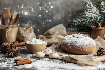 Festive baking scene with bread flour spices and christmas tree branches on a wooden surface dusted with snow