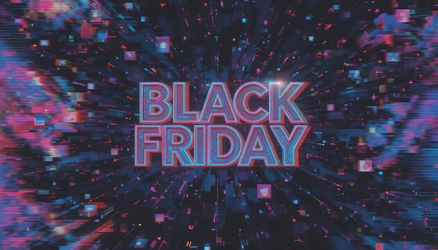 Black friday text with digital glitch effect and dark background with glowing elements - Powered by Adobe