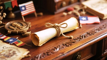Discovering historical treasures and national pride with vintage documents, flags, and a symbolic medal on a richly carved wooden desk, evoking a sense of heritage and discovery.