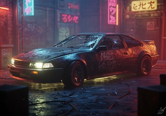 Cyberpunk Car in a Neon Lit Alley with Graffiti and a Broken Windshield Reflecting the Urban Decay of the Cityscape