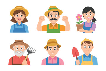 Set of Vector Cartoon Farmer Characters Featuring Friendly Farmers with Hats, Pitchforks, and Farm Animals, Great for Farming Promotions, Rural Marketing, and Educational Graphics