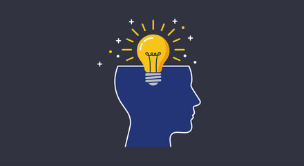This flat design illustration depicts a creative mind generating a brilliant new idea, symbolized by a popping lightbulb. It represents innovation and problem-solving in a clean, modern style.