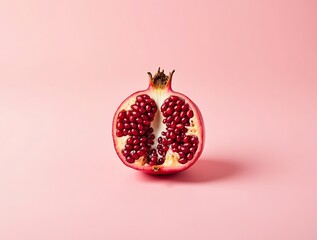 Fresh pomegranate fruit cut in half on pink background healthy eating antioxidant rich superfood vitamin source