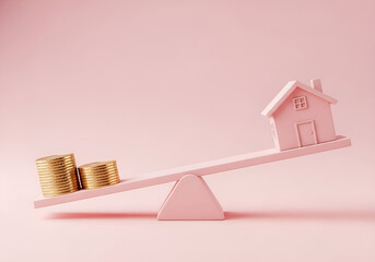 Balancing homeownership dreams with financial reality on a pink seesaw