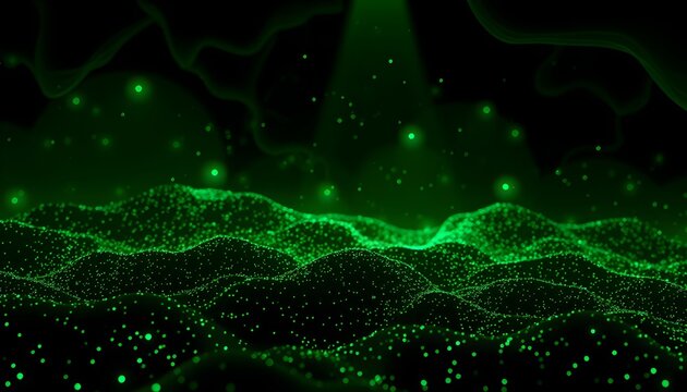 Abstract digital landscape featuring glowing green particles, undulating forms, and a light source.