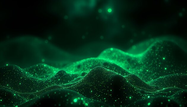 Abstract glowing green landscape with small dots and blurred background, creating a futuristic and ethereal atmosphere. - Powered by Adobe