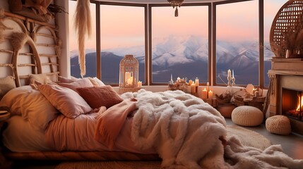 A cozy, bohemian bedroom with a rattan bed and an eclectic lamp, soft pink and orange glow illuminating the room, the snowy mountains in the distance seen through a large window.