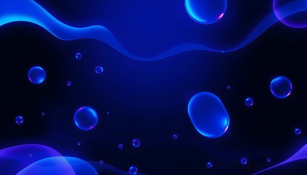 Dynamic abstract background with luminous blue liquid forms and iridescent floating bubbles.