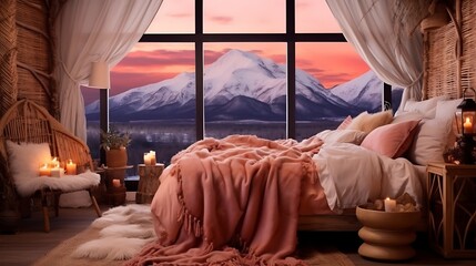 A cozy, bohemian bedroom with a rattan bed and an eclectic lamp, soft pink and orange glow illuminating the room, the snowy mountains in the distance seen through a large window.