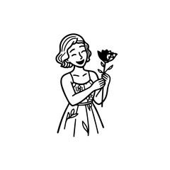 Black and white vector illustration of a beautiful woman holding a flower, minimal clean line art style
