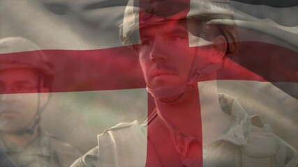 St George's Cross flag swaying revealing soldiers standing in formation during military drill - Powered by Adobe