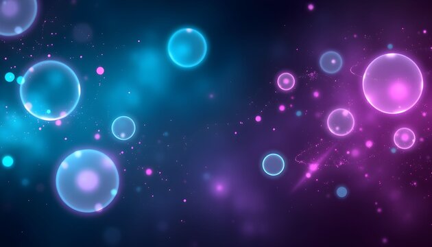 Abstract background with glowing orbs in shades of blue and purple, surrounded by sparkling particles and soft light effects.