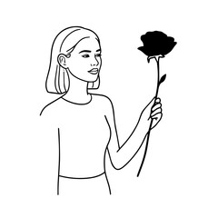 Black and white vector illustration of a beautiful woman holding a flower, minimal clean line art style
