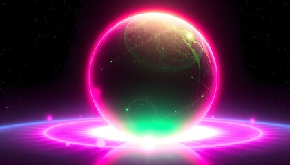 Obraz premium A glowing sphere representing a planet with vibrant neon colors against a dark space background.