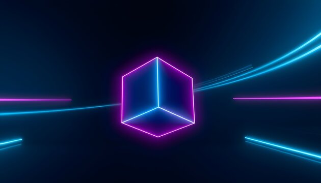 A glowing neon cube with vibrant blue and pink light trails emanating outwards against a dark, abstract background, suggesting a futuristic or digital concept.