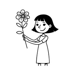 Black and white vector illustration of a beautiful woman holding a flower, minimal clean line art style

