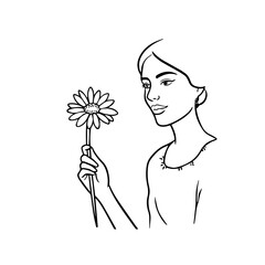 Black and white vector illustration of a beautiful woman holding a flower, minimal clean line art style
